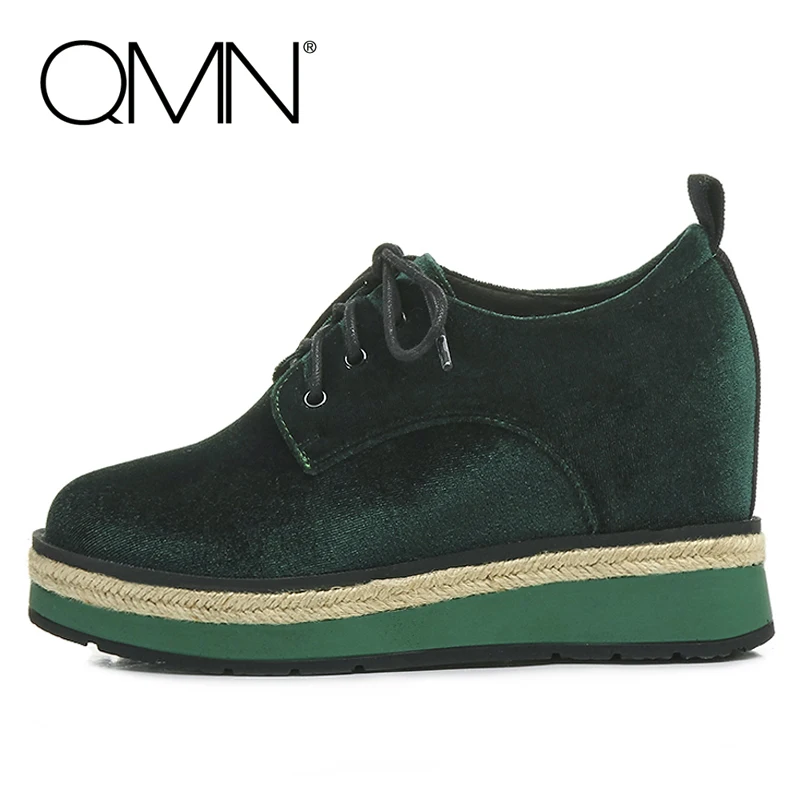 QMN women velvet brogue shoes Women Round Toe Lace Up Oxfords Height Increasing Casual Shoes Woman Leather Lined Espadrilles