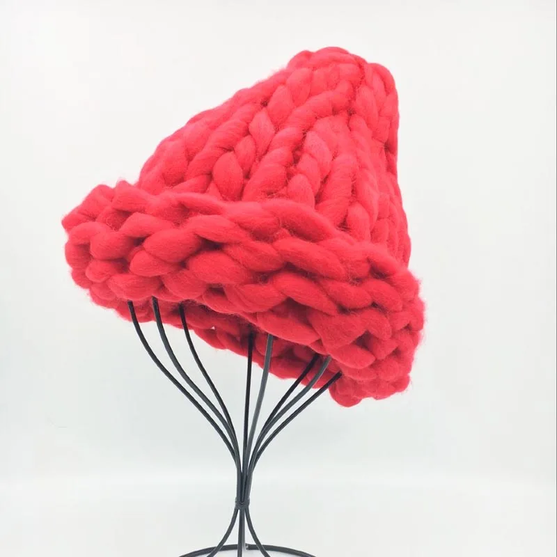 Ymsaid, женская зимняя теплая вязаная шапка ручной работы, грубые линии, вязаные шапки, карамельный цвет, вязаные шапочки - Цвет: red