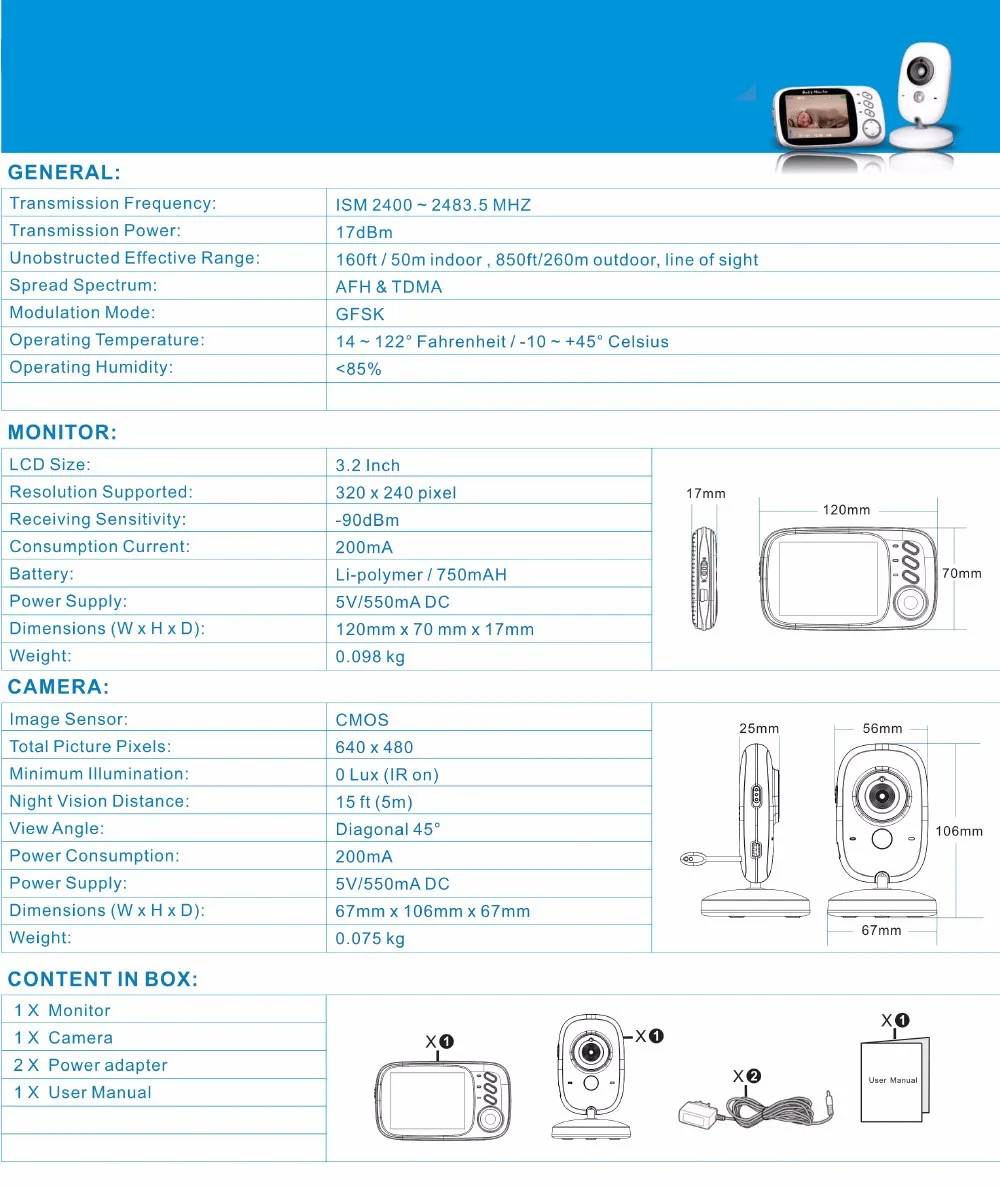 3.2 inch Wireless Video Color Baby Monitor High Resolution Baby Nanny Security Camera  Night Vision Temperature Monitoring