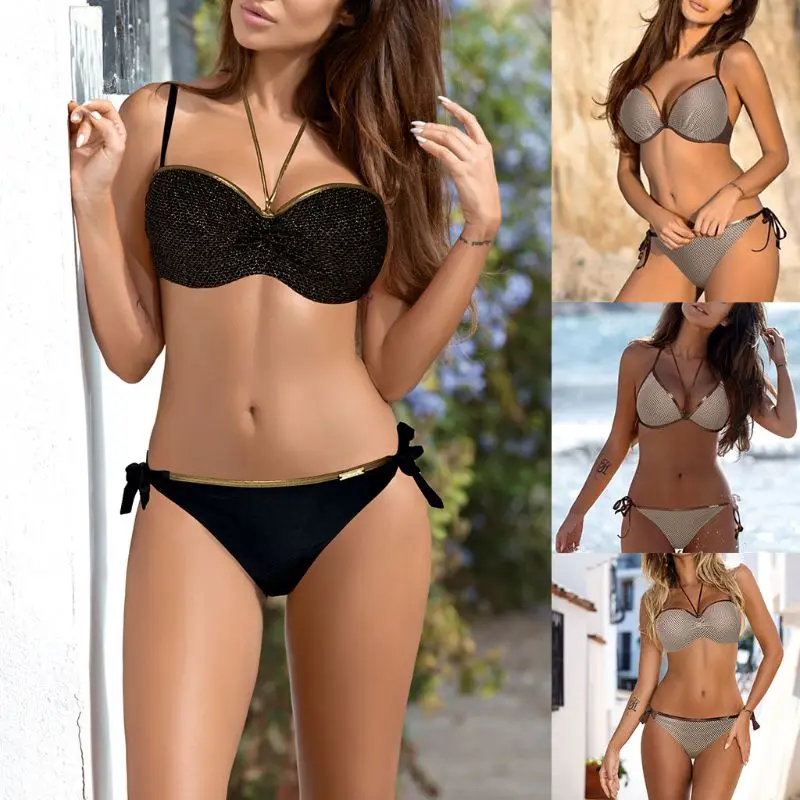 

Women Sexy Two Piece Bikini Set Ruched Underwire Triangle Bra Low Waist Side Tie Thong Patchwork Glitter Metallic Strap Swimsuit