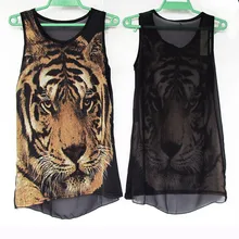 Летний стиль повседневное шифоновое без рукавов Топ винтажное платье рубашки ropa mujer тигр печати Топы свободные Camisas Femininas