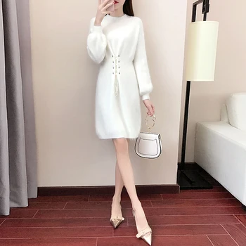

2020 Women's Autumn And Winter New Sweater Dress Loose Long-Sleeved Round Neck Sweater Dress Solid Color Warm Dress LQ091