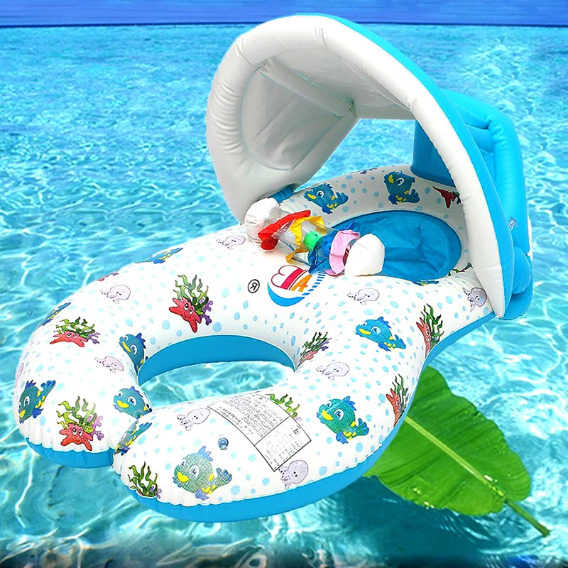 

Inflatable Baby Pool Float Double Swimming Ring With Subshade Mother Kids Swim Circle Safety Swimming Ring Float Seat