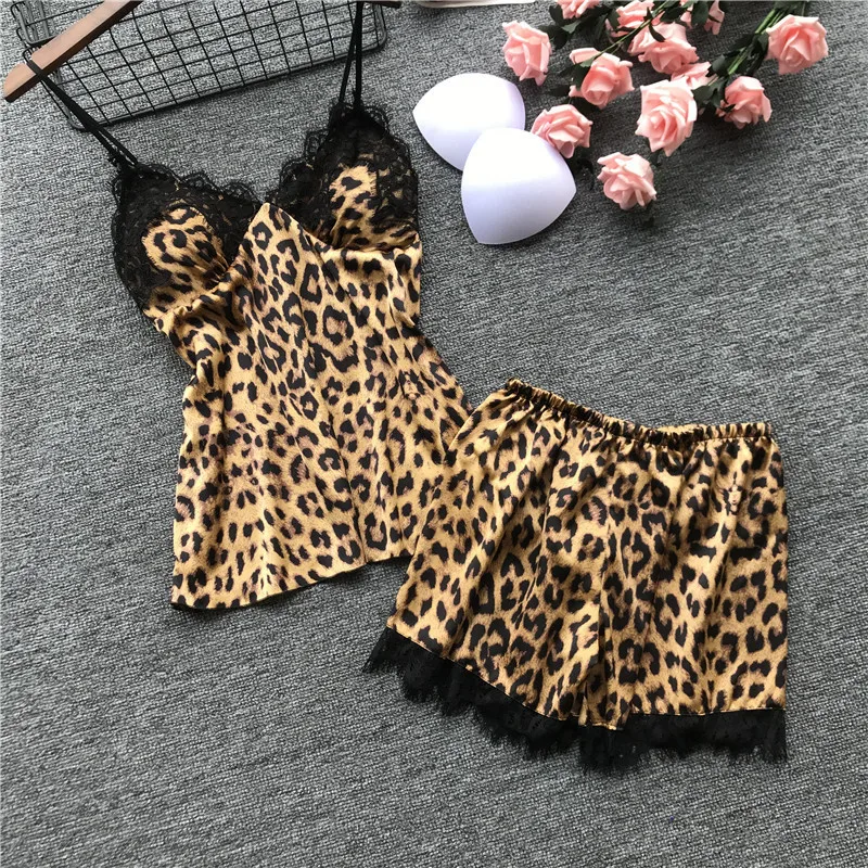 Новые весенние шорты, пижамы, собранные вместе, грудь, подушка, ночная рубашка, кружева, Леопардовый принт, сексуальный пижамный комплект, женская мода, одежда для сна - Цвет: Leopard
