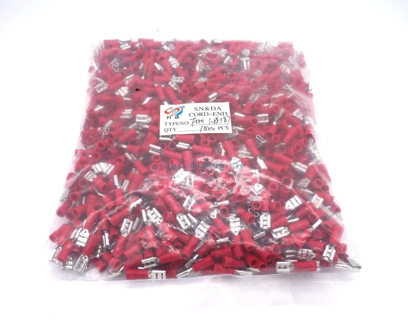 

1000pcs/bag 4.8mm Red Female Insulated Spade Quick Connector Terminal/Crimp Terminal AWG FDD1.25-187