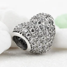 Geninue 925 пробы серебро мерцающий сердце Форма с подвеска с прозрачными кубическими цирконами любовь европейские бусы браслет для Для женщин Fine Jewelry