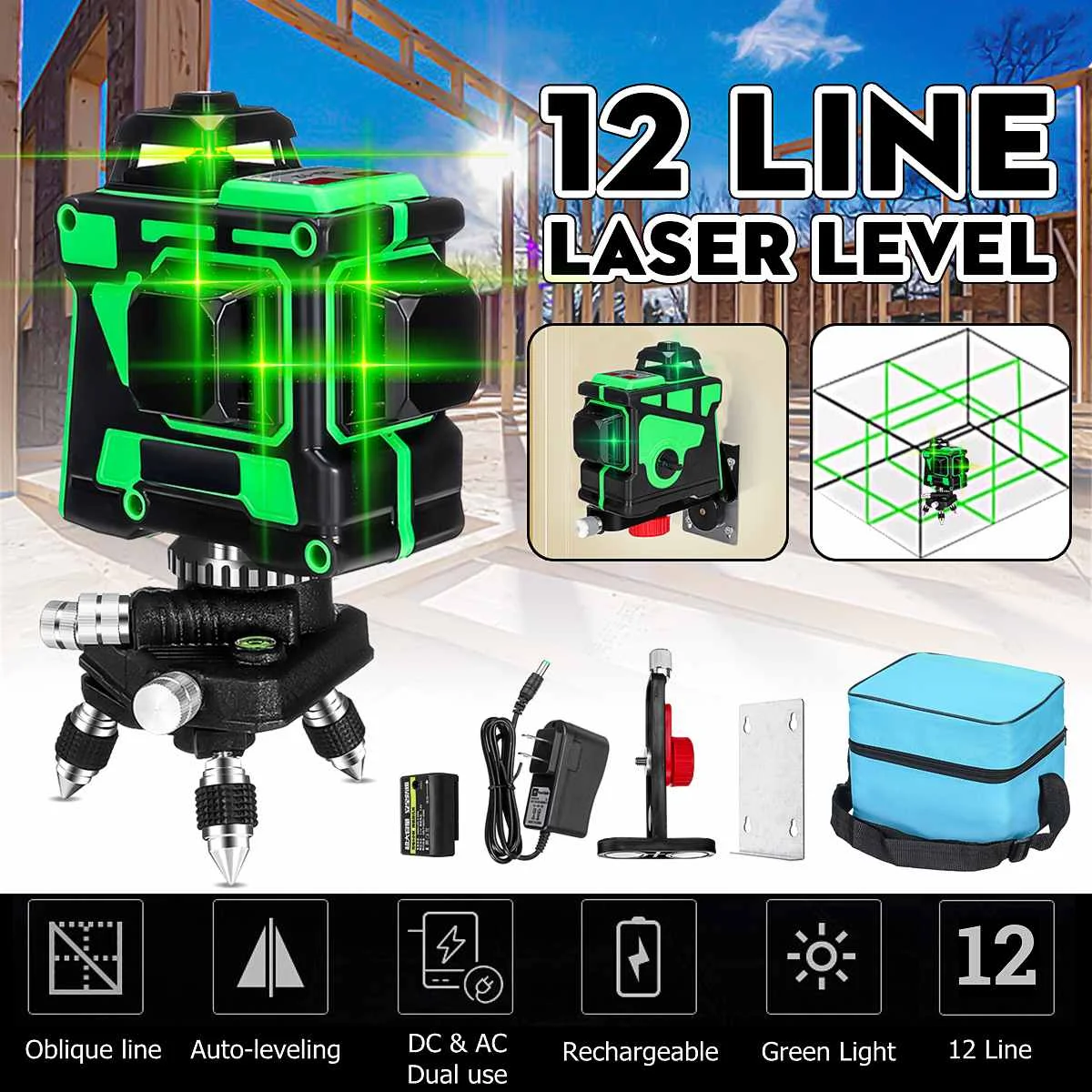 

12 Lines 3D Green Laser Level Self-Leveling 360 Degre Horizontal And Vertical Cross Lines Green Laser Line With Tripod Battery