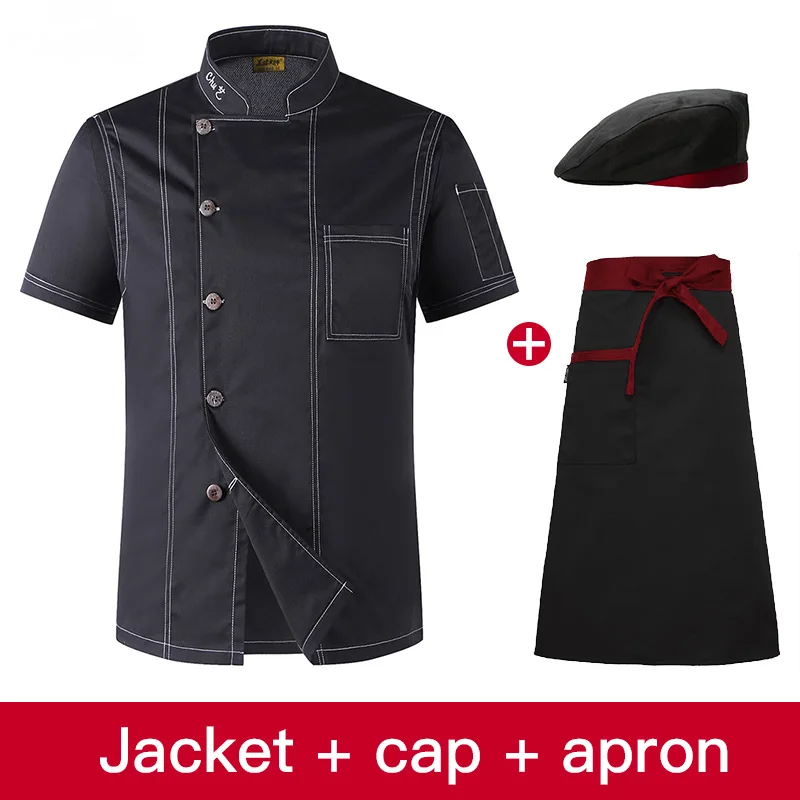 Унисекс, с коротким рукавом, униформа шеф-повара, для ресторана, отеля, кухни, униформа шеф-повара, куртки шеф-повара, дышащая рабочая одежда, Униформа,, Новинка - Цвет: jacket cap apron