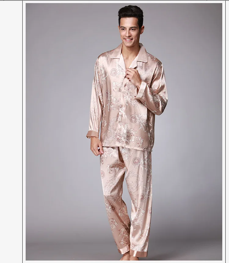 Для мужчин атласные шелковые пижамы длинные рукава из искусственного шелка пижамы костюм Человек свободные с принтами одежда для сна