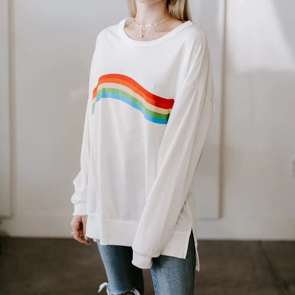 white hoodie with rainbow stripes