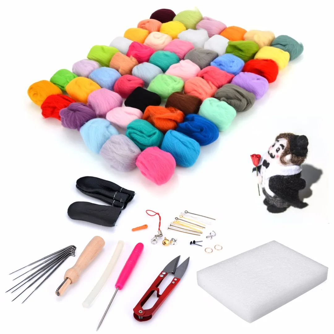 

50 Colors Soft Wool Felt Roving Felting Needle Tool Set Mat Starter DIY Kit Weaving Needlework Spinning Craft Kits