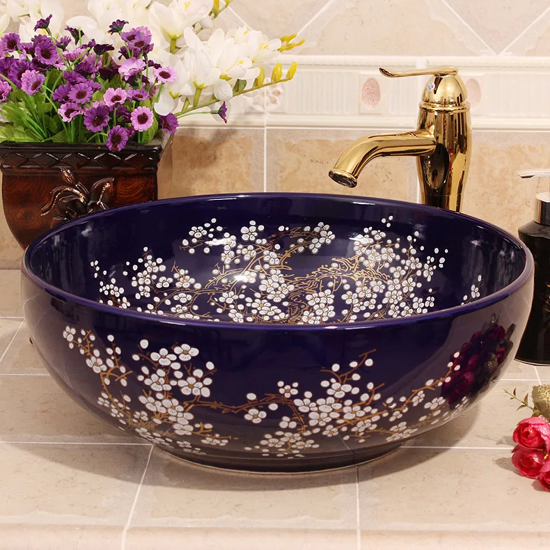 China Painting plum blossom Ceramic Painting Art Lavabo Bathroom Vessel