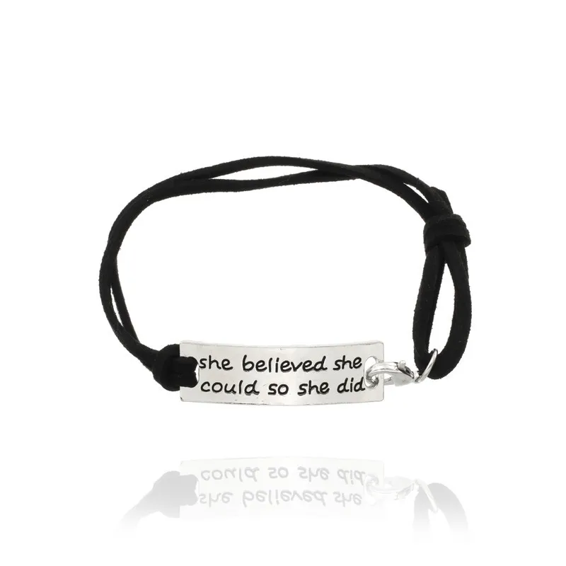 

Fashion New Lettering ‘She Believes She Can Do This’ Black Leather Buckle Bracelet Girl Jewelry Selection Direct Sales