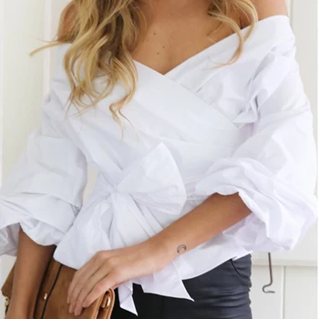 

2019 Summer Sexy Elegant Strapless V-neck Cross Strap Shirt Fashion Casual Short Shirt Women
