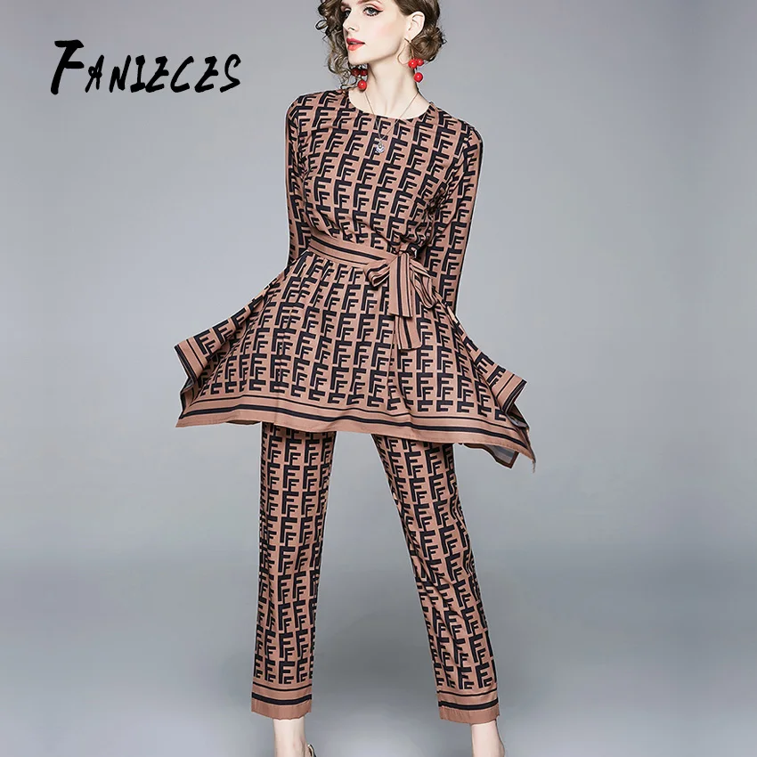 

FANIECES 2019 Fall Winter Runway 2 Piece Women Sets Retro Vintage Print Pullover Top Sweatshirt Pant Suits Outfits Tracksuits