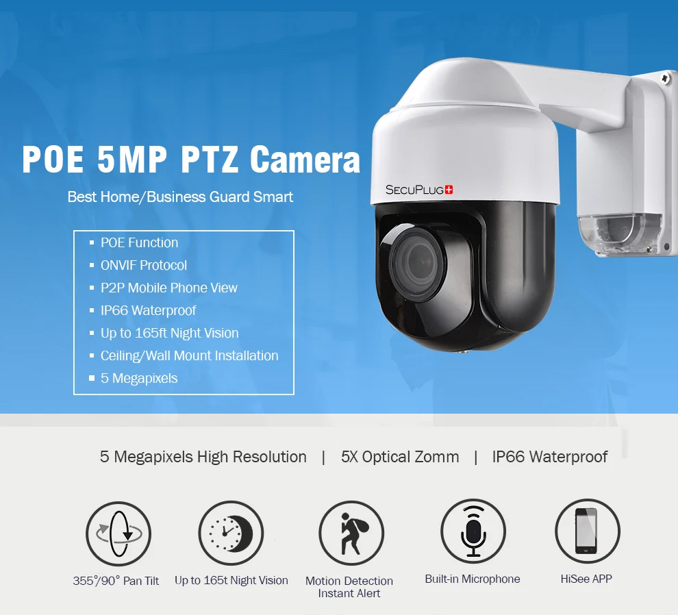 Безопасности " NINI/POE 5MP PTZ Камера 1080 P 2MP IP Камера функции панорамирования, наклона и 4X зум аудио микрофона ИК 60 м P2P просмотр телефона IP66 ONVIF H.265