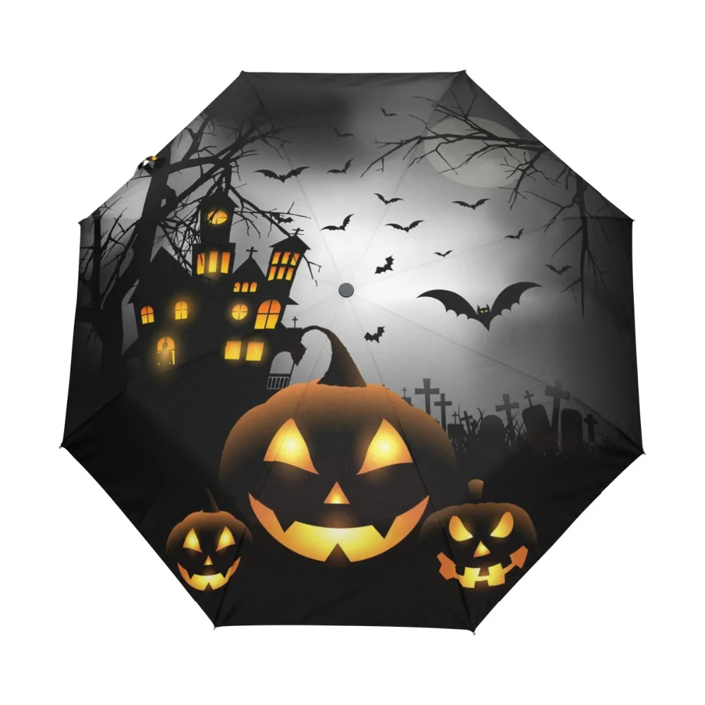 Happy Halloweens Day Gifts Folding Rain Umbrella Parasol Windproof Travel Sun Umbrella Compact