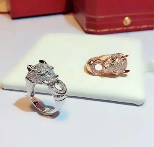 

Stylish 925 sterling silver ring studded with rhinestone-green eye leopard ring stylish personality design for women