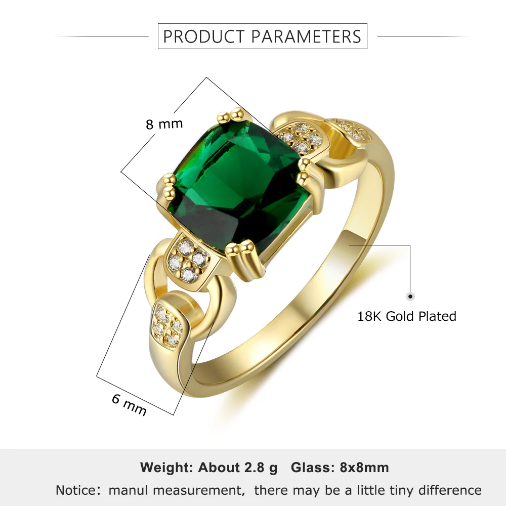 Блестящие Зеленые квадратные кубические кристаллы циркония Обручальные кольца для женщин золотого цвета женские кольца для помолвки ювелирные изделия(RI103486