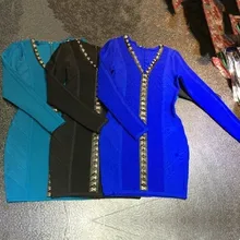 Top Qulaity Celebrity Black Blue Long Sleeve V neck Bodycon Rayon Bandage Dress Party Fashion Dress