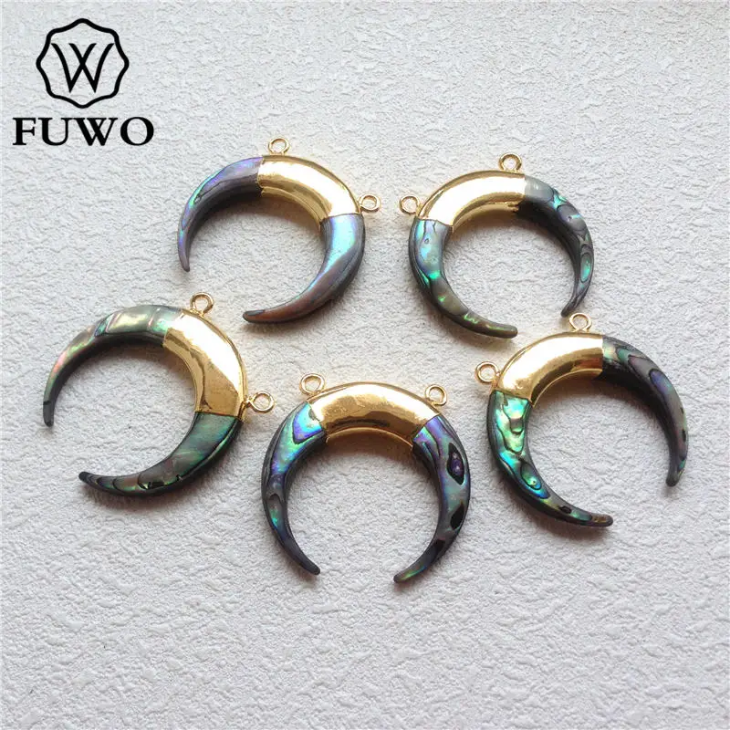 

FUWO Carved Abalone Shell Crescent Pendant With 24K Gold Filled Fashion Double Bails Seashell Beach Paua Jewelry Wholesale PD556
