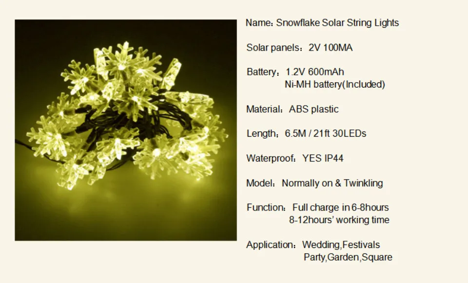 6.5 м 30 светодиодов Снежинка солнечного света строки, водонепроницаемый Фея пейзаж забор дома Патио Свет шнура газон Рождество