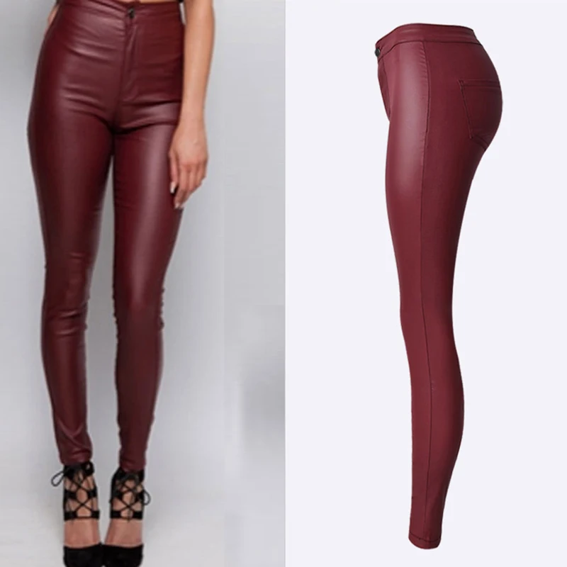 YUEY 2019 New Women Leather Pants Burgundy High Waist Pencil Feet Slim Motorcycle Europe Style Stretchy Long Tights XS To 2XL YUEY 2019 New Women Leather Pants Burgundy High Waist Pencil Feet Slim Motorcycle Europe Style Stretchy Long Tights XS To 2XL