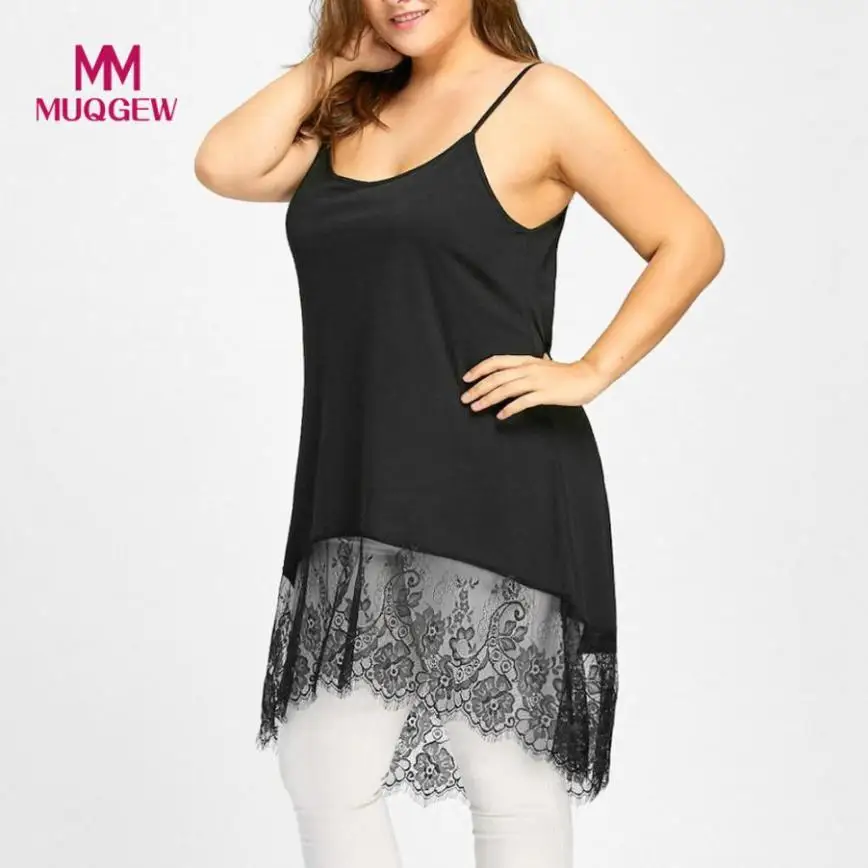 

2018 Fashion Womens Sexy Plus Size High Low Lace Camisole Panel Tank Tops Long Vest Large size pure lace strap long shirt
