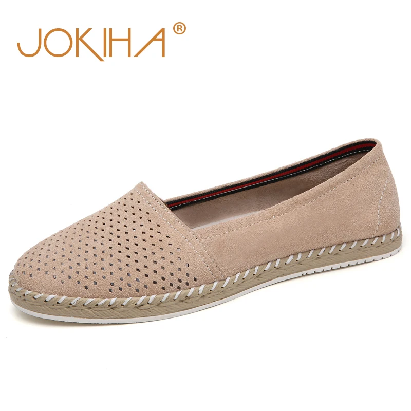 

JOKIHA Women's Flats Shoes Cow Suede High Quality Ladies Ballet Flat Footwear Hollow Breathable Light Slip On Lazy Shoes Big