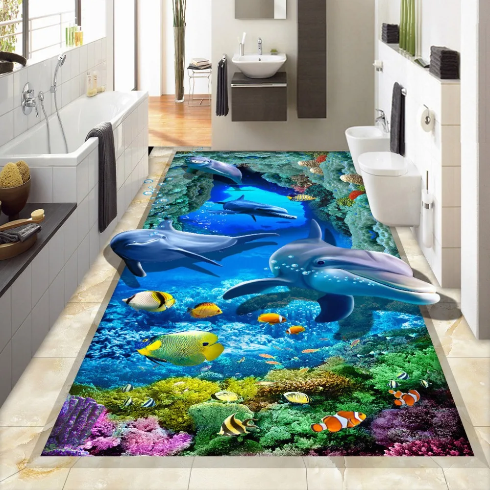 

Custom SeaWorld Dolphin Mural Living Room Entrance Backdrop Bathroom Floor Mural Sticker PVC Waterproof Wear Non-slip Wallpaper
