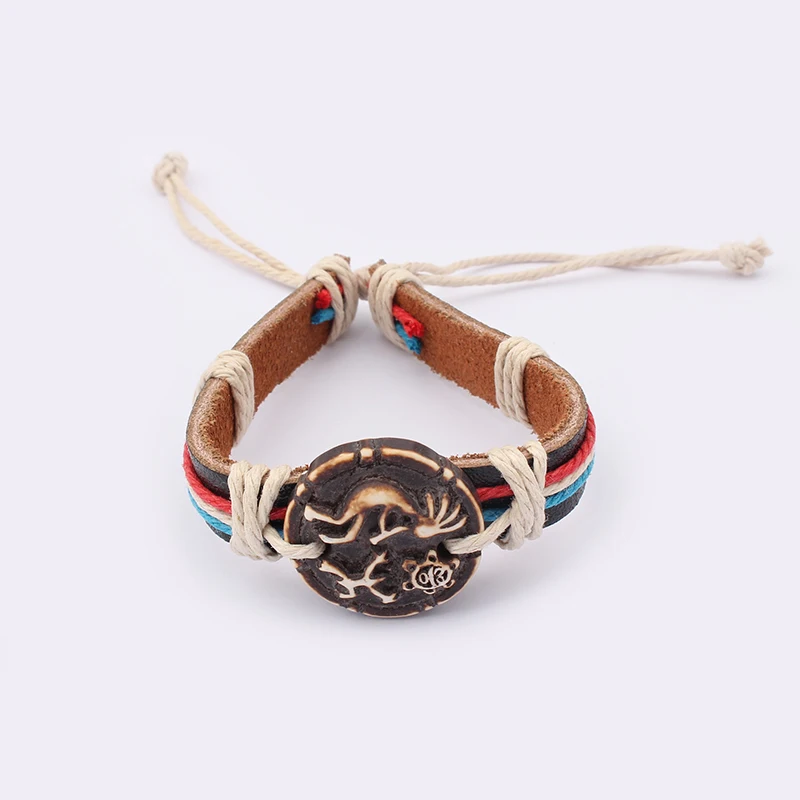 6pcs Brown Taino Coqui Frog Turtle Charm Bracelet lot Black Leather