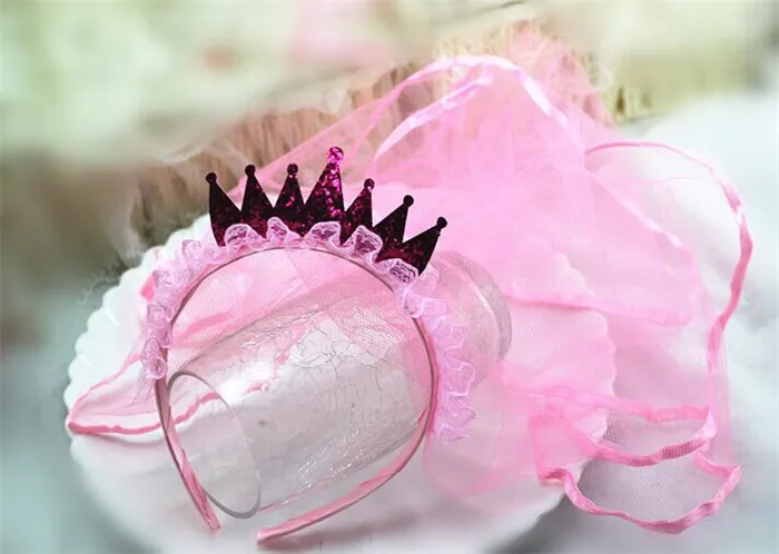 Розовый вуаль Золото Тиара, корона, диадема для детей обувь девочек принцесса головные уборы головной убор на праздник, украшение для