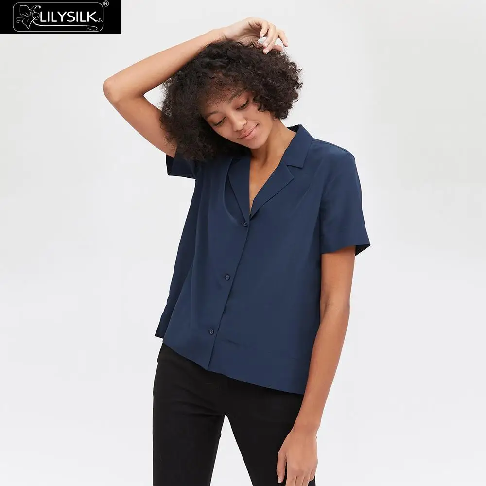 LilySilk Женская шелковая блузка с v-образным вырезом и рукавом средней длины, новинка - Цвет: Navy Blue
