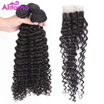 

Alitomo Deep Weave Hair Bundles With Closure 4*4 Brazilian Hair Weave Human Hair with Closure Remy Hair Extensions Black