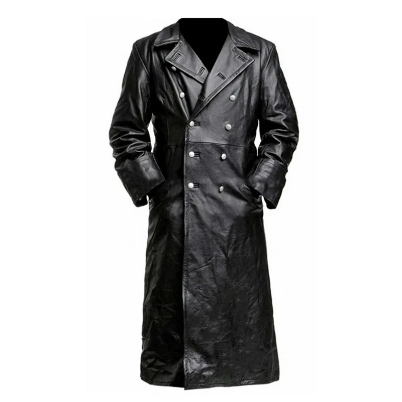 MJartoria/кожаная куртка с застежкой на пуговицы, длинный Тренч, пальто с отворотом, стильный воротник премиум-класса, черный кожаный плащ-Тренч - Цвет: black
