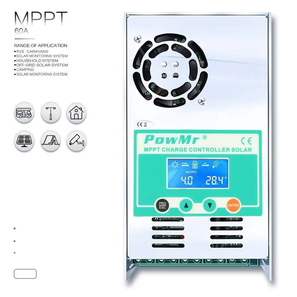 PowMr 60A 50A 40A MPPT контроллеры заряда солнечной батареи 12В 24В 36В 48В Авто 220В PV ЖК