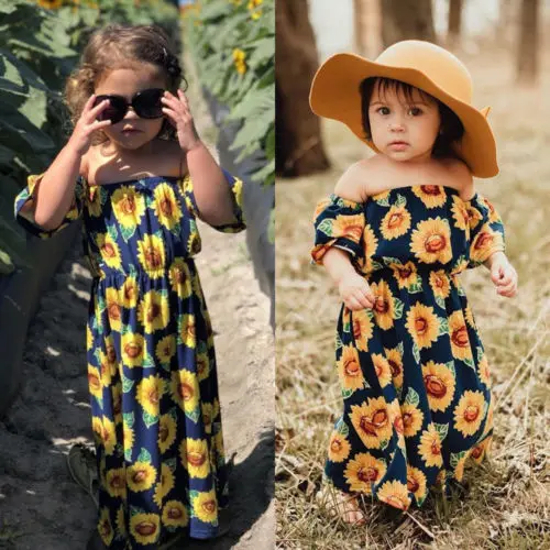 

Kids Baby Sunflower Dress Off Shoulder Party Pageant Tutu Dress Sundress Clothes