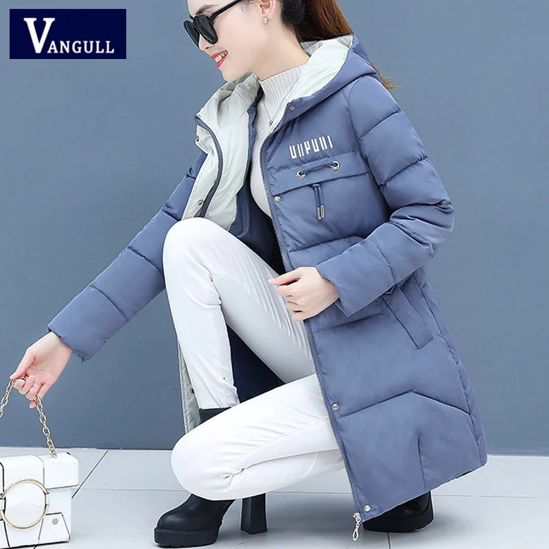 Vangull Winter Women Parkas Casual Long Sleeve Hooded Jackets Autumn Warm Letter Print Long Female Coats Zipper Outerwear