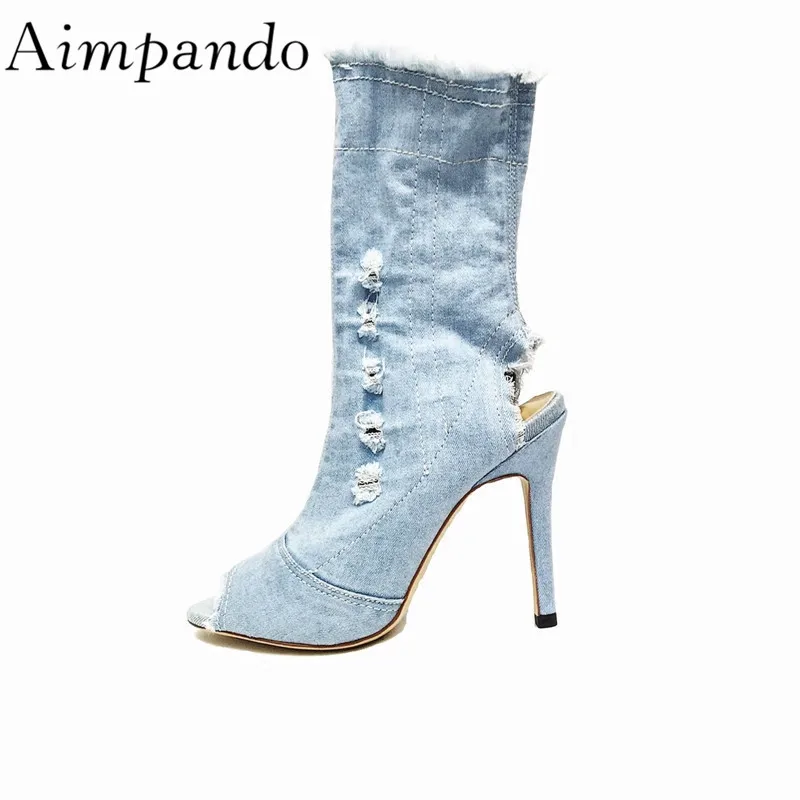 

Fashion Do Old Denim Color Ankle Boots Tear Out Sexy Open Toe Slingbacks Side Zipper Summer Women Booties