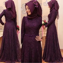 Elegant Muslim Long Sleeve Evening Dresses Hijab lace prom dresses high neck formal evening gown vestido de festa