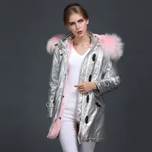 Серебристые кожаная куртка Повседневное длинные Длина светло-розовый Толщина Мех животных выстроились с двойной молнии Мех животных Пальто для будущих мам