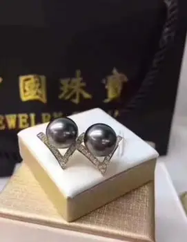 

free shipping>>>>noble jewelry 14k solid yellow gold set pair of south sea 10-11mm pearl black pearl earring