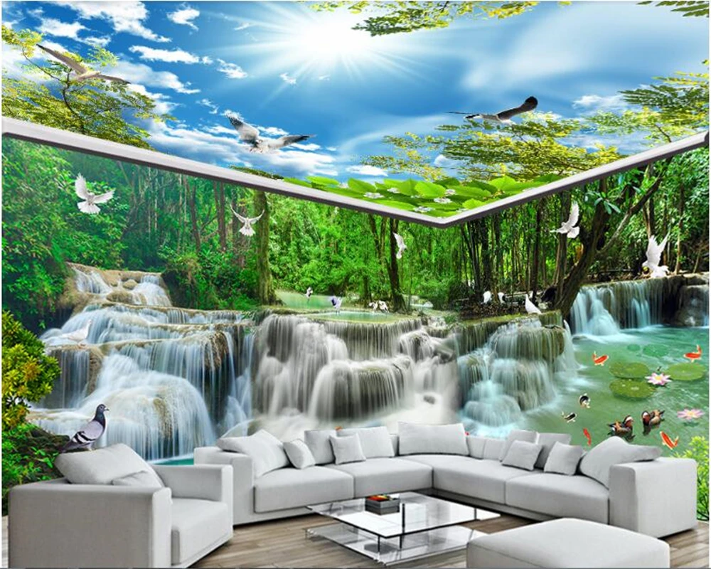 Us 8 1 46 Off Beibehang Waterfall Water Forest Crane White Pigeon House Wall Papers Home Decor Background Theme Room Interior 3d Wallpaper In