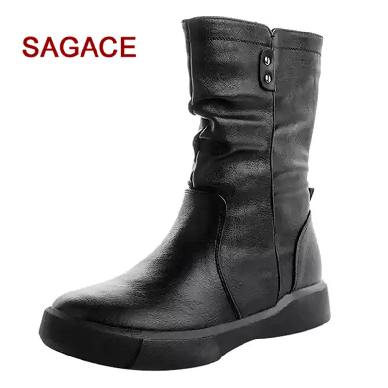 

HB@SAGSACE Women Leather Boots Flat Low Zipper Middle Tube Boots Casual Shoes Boots