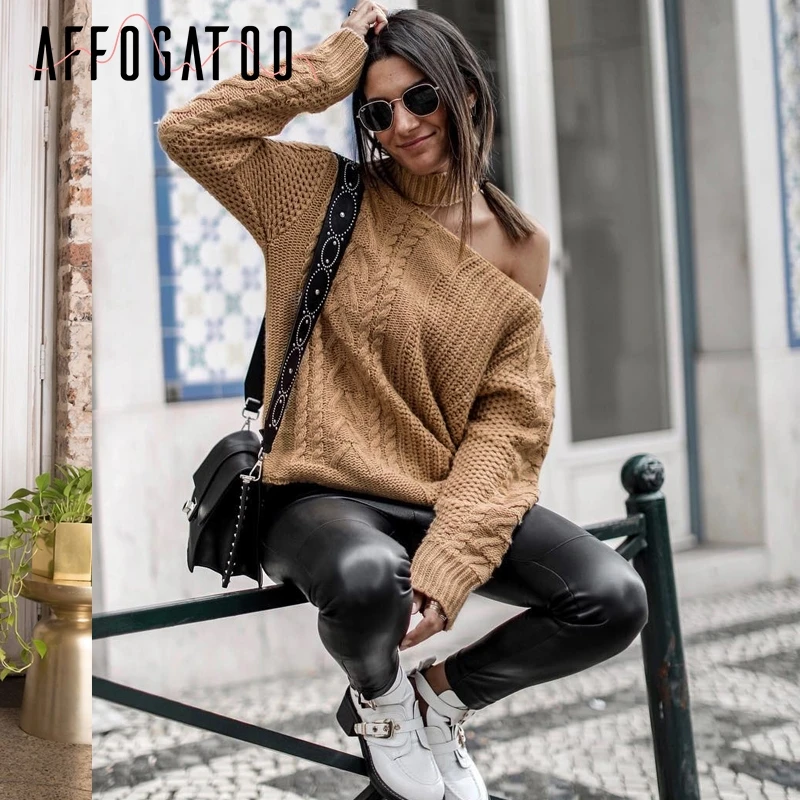 

Affogatoo Twist knitting halter winter sweater women Casual cold shoulder khaki pullover 2018 streetwear knitted jumper femme