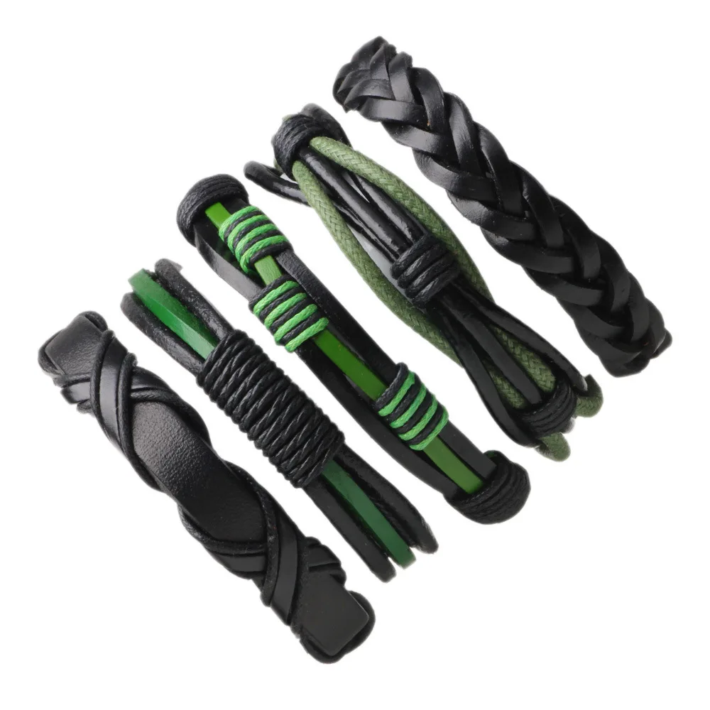 

5pcs/set Boho Gypsy Hippie Punk Brown Black Leather Green Cord Wrap X Knot Layers Stacked Bracelets Set for Man Wrist Jewelry
