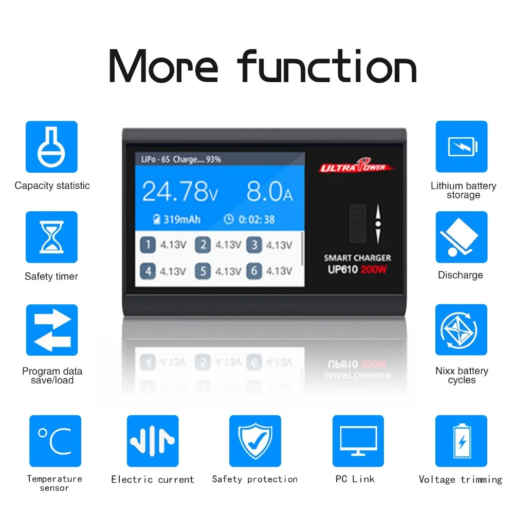 UP610 200 Вт портативное балансирующее умное зарядное устройство для радиоуправляемого дрона квадрокоптера автомобиля 1-6S Lipo батарея 1-16S NiCd NiMH батарея RC зарядное устройство