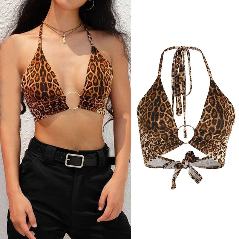 Women Sexy Crop Tops Woman Fashion Spaghetti Strap Night Club Party Crop Top Bra Leopard Printed Halter Neck Bra Backless Vest