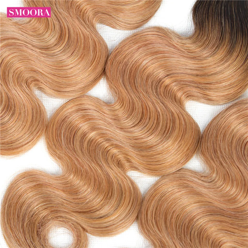 Smoora Ombre Hair Bundle with Closure Brazilian Body Wave 2 Tone T1b/27 Dark Roots Blonde Ombre 3 Bundle with Closure Non Remy Smoora Ombre Hair Bundle with Closure Brazilian Body Wave 2 Tone T1b/27 Dark Roots Blonde Ombre 3 Bundle with Closure Non Remy