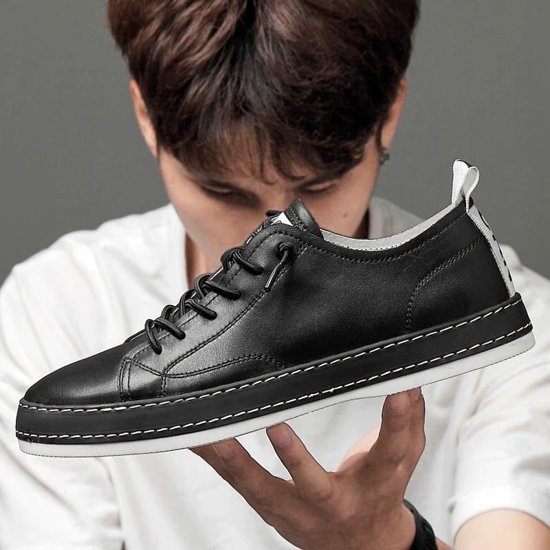 

New Men Genuine Leather Casual Shoes Breathable Wear Resistant Shoes Comfortable Summer White Round Toe Lace up Flat Snekaers C4